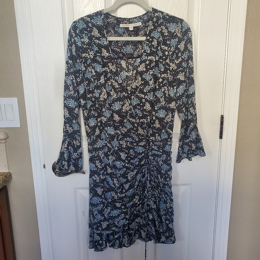 Veronica Beard Blue Floral Wrap Dress Ruched Front